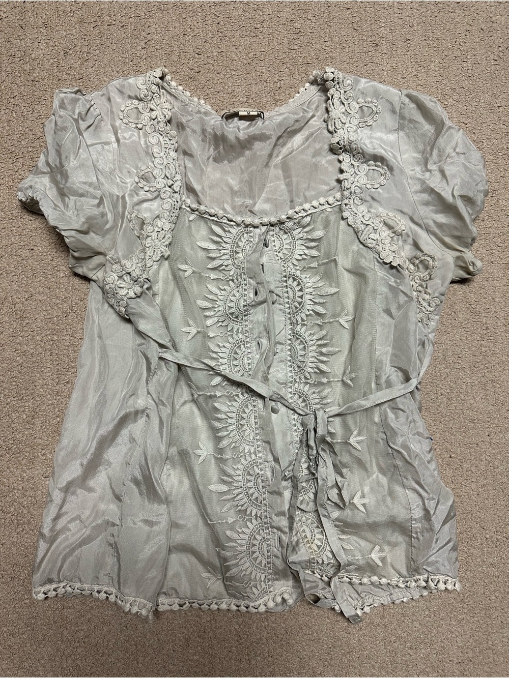 Forever 21 Pale Gray Embroidered Tie-Front Blouse